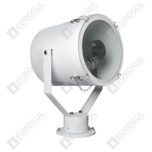 Naval Searchlight TG27-B, front angle, showcasing cylindrical design and mounting bracket, in white.