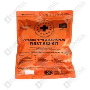Front view of orange Category "C" Vessel European First Aid Kit pouch with text and contents list visible.