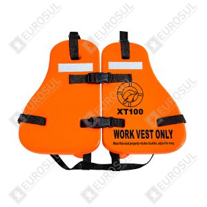 Front view of XT100 Work Life Jacket, bright orange with black straps and reflective panels, displaying "WORK VEST ONLY".