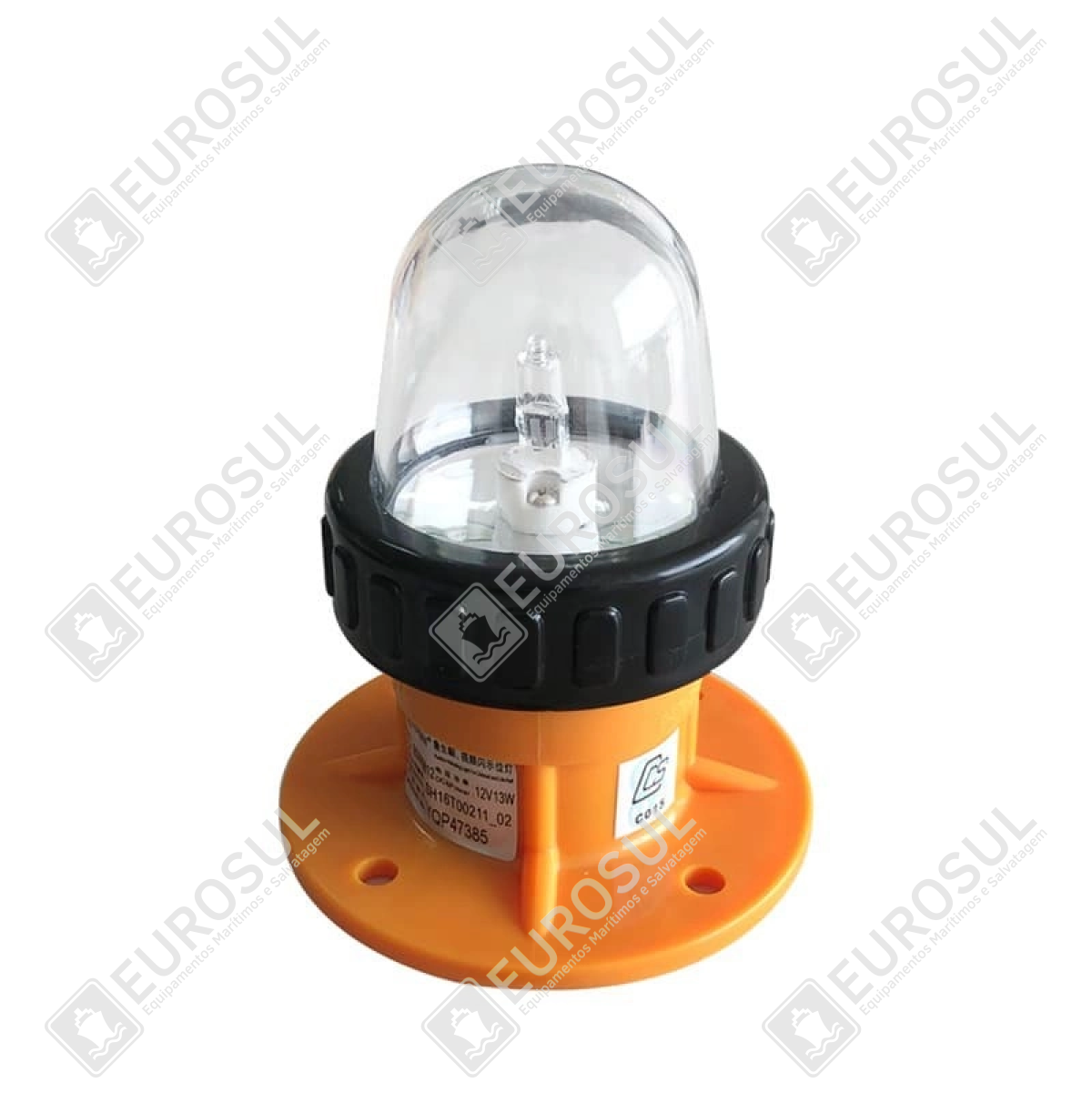 Sinalizador estrobo 12 VDC 13 W de vista superior, base laranja, cúpula transparente, ideal para botes e balsas.