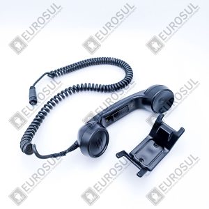 SAILOR Handset PN 406201A-00500, angled view; cradle and coiled cord visible, highlighting hook-on/off feature.