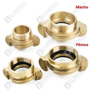 Adaptadores Nakajima BSP em bronze, macho e fêmea, em vista superior, destacando roscas e vedação.