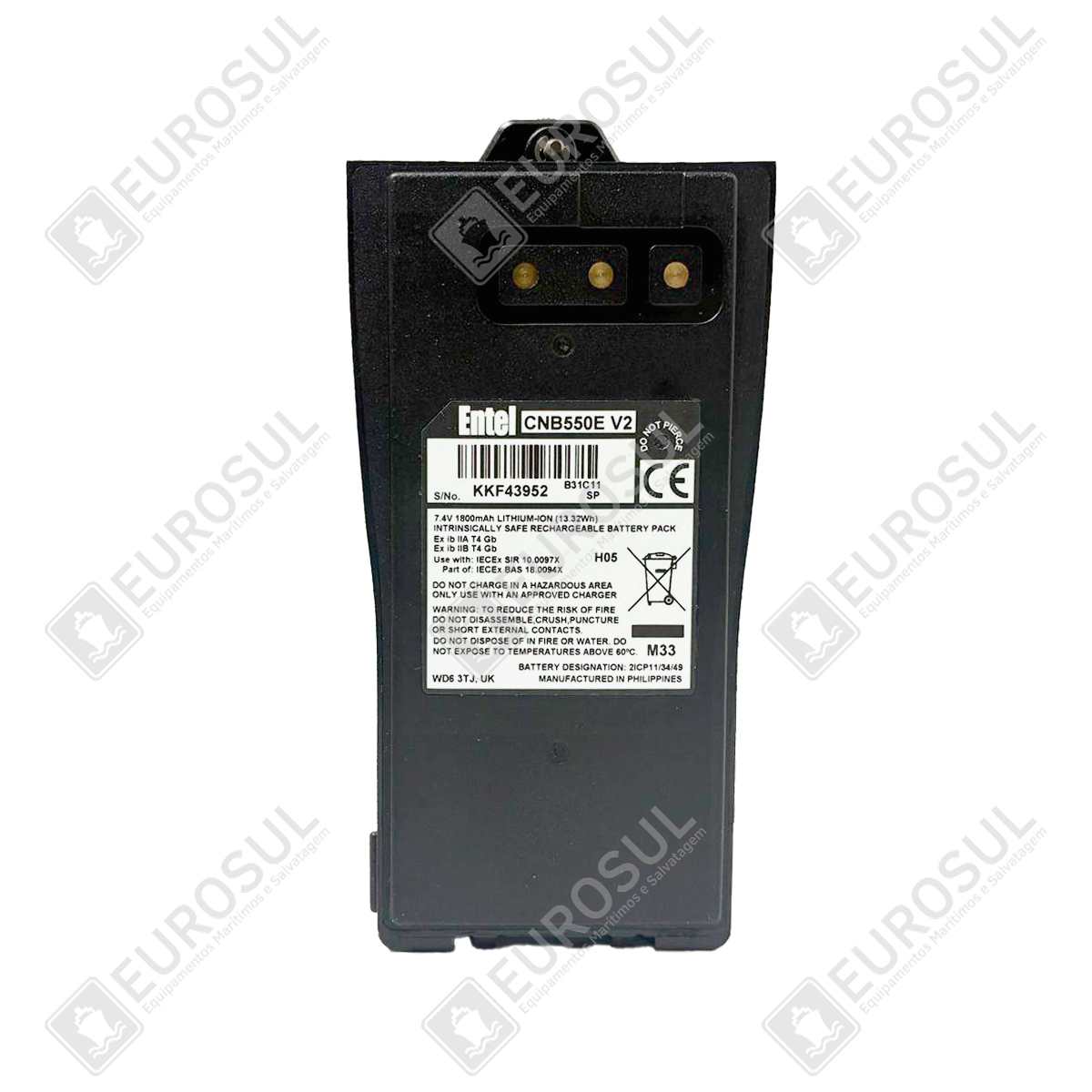 Bateria Entel CNB550EV2 em vista traseira, mostrando conectores e etiqueta de especificações técnicas.