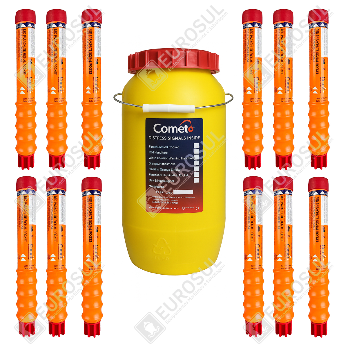 Parasheet Rockets Bridge Distress Kit - Container with 12 Red Parachute Rockets - Eurosul