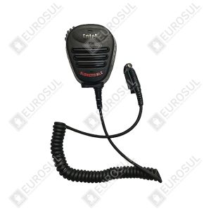 Microfone PTT Entel visto de frente, com detalhe do cabo em espiral e conector, destacando "Submersible".