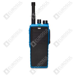 Rádio portátil UHF IS ATEX Entel DT982 em vista frontal, mostrando botões e antena.