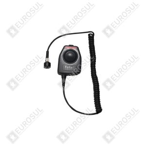 Microfone PTT IS ATEX Entel PTT951C visto de cima, com cabo espiralado e conector metálico à esquerda.