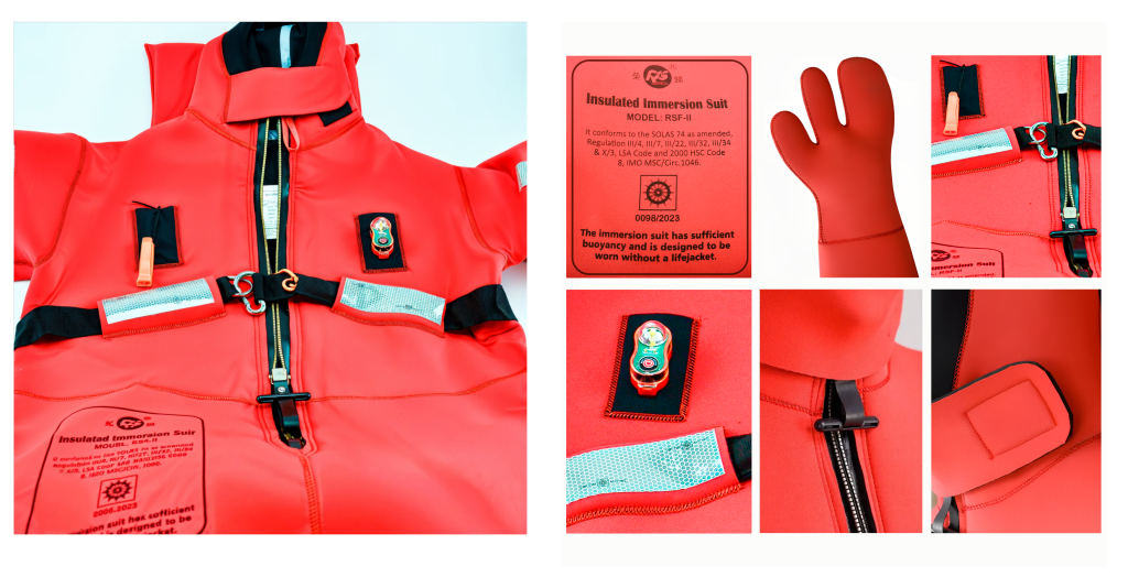 Detalhes do traje de imersão isolado SOLAS modelo RSF-11 em vermelho com zíper estanque luvas integradas e luz de sinalização