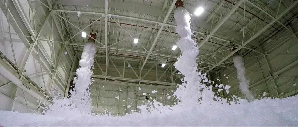 Sistema de sprinklers ativando espuma AFFF em hangar industrial durante ensaio de combate a incêndio NBR 15511