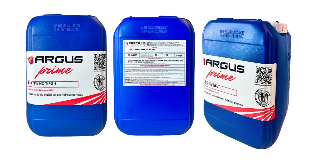 Galão azul de Líquido Gerador de Espuma LGE Argus Prime AFFF 3% HC Tipo 1 certificado NBR 15511 para extinção de incêndios em hidrocarbonetos